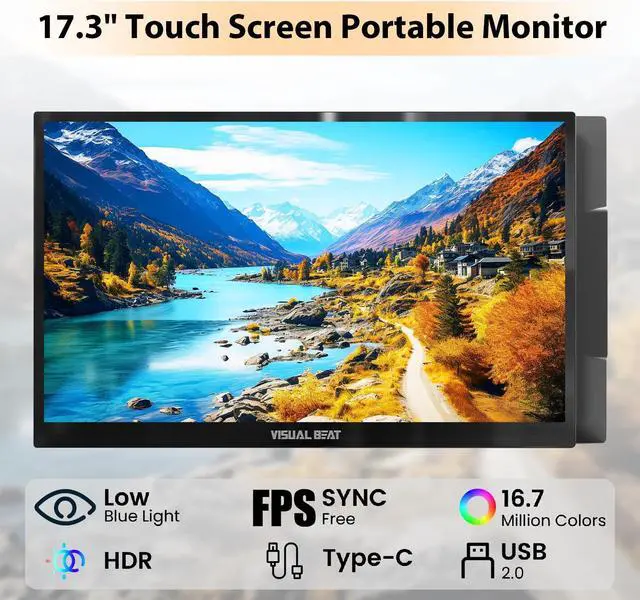 Alt view image 4 of 5 - Visual Beat Portable Touch Screen Monitor 17.3'' 1080P IPS USB-C Extended Display with Smart Cover, USB2.0, HDMI, Dual Speakers, VESA - for Laptop, PC, Mac, Phone, PS3/4/5, Xbox, Switch.