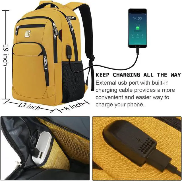 Alt view image 3 of 5 - Laptop Backpack,Business Travel Anti Theft Slim Durable Laptops Backpack with USB Charging Port,Water Resistant College Computer Bag for Women & Men Fits 15.6 Inch Laptop and Notebook-Yellow