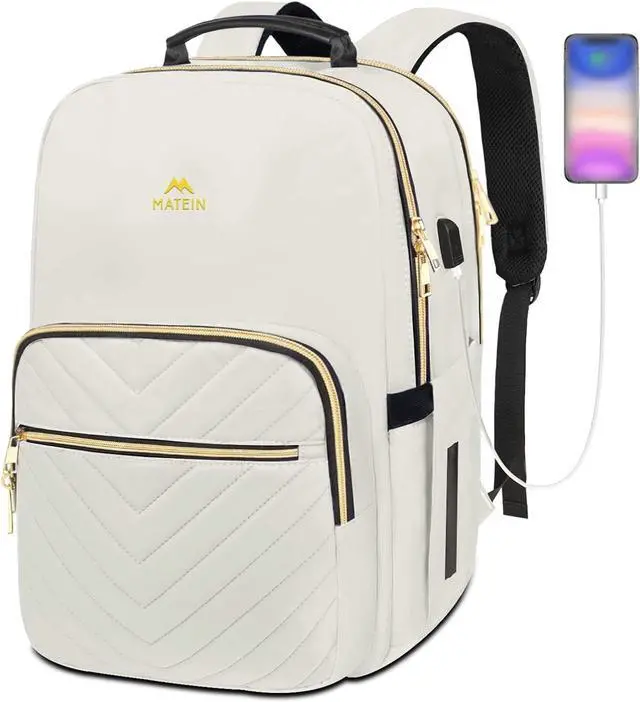 Main image of MATEIN Travel Laptop Backpack, Anti Theft Quilted Slim Backpacks for Women with Detachable Keychain Hook, Teacher Doctor Nurse Carry on Bags Purse Fits 15.6 Inch Notebook, White