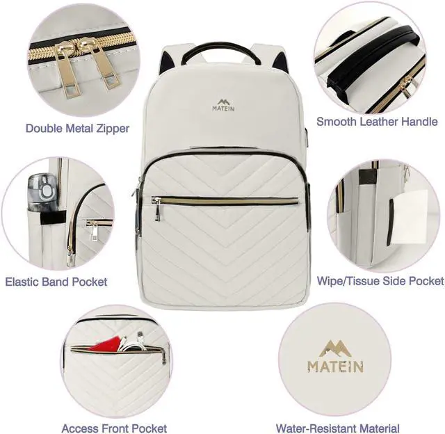 Alt view image 4 of 5 - MATEIN Travel Laptop Backpack, Anti Theft Quilted Slim Backpacks for Women with Detachable Keychain Hook, Teacher Doctor Nurse Carry on Bags Purse Fits 15.6 Inch Notebook, White