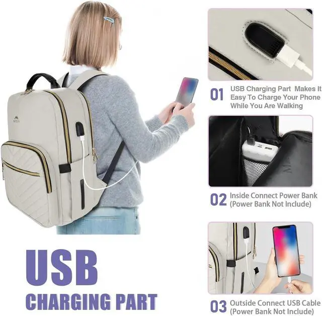 Alt view image 3 of 5 - MATEIN Travel Laptop Backpack, Anti Theft Quilted Slim Backpacks for Women with Detachable Keychain Hook, Teacher Doctor Nurse Carry on Bags Purse Fits 15.6 Inch Notebook, White