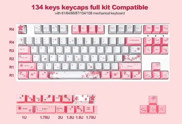 Alt view image 2 of 5 - ZMX Cherry Blossom Pink Keycaps,PBT Dye Sub OEM Profile Cute Flower Keycaps Full Size 134 Keys Custom keycap Set for Cherry MX Switches 104 60% 75% Mechanical Gaming Keyboard DIY keycaps