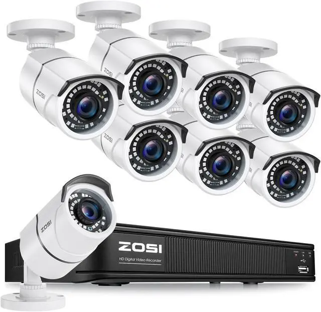 Main image of ZOSI 1080p H.265+ Security Camera System for Home, 5MP Lite 8 Channel CCTV DVR and 8 x 1080p Weatherproof Bullet Cameras Outdoor Indoor with 120ft Night Vision and 105degWide Angle (No HDD Included)