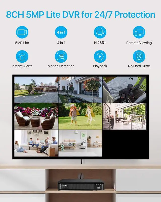 Alt view image 2 of 5 - ZOSI 1080p H.265+ Security Camera System for Home, 5MP Lite 8 Channel CCTV DVR and 8 x 1080p Weatherproof Bullet Cameras Outdoor Indoor with 120ft Night Vision and 105degWide Angle (No HDD Included)