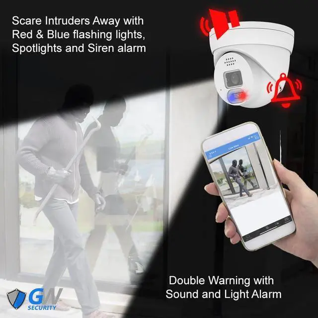 Alt view image 3 of 3 - GW Security 4K 8MP 2-Way Audio Full-Time Color Night Vision Outdoor/Indoor PoE IP Turret Security Camera with Blue/Red Alarm Light (GW8595DFIP)