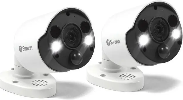Main image of Swann Indoor/Outdoor Home Security 4K Ultra HD NVR Wired Bullet Camera and Spotlight, Color Night Vision, Heat & Motion Sensing Light, 2-Way Audio, Siren, Compatible w/NVR w/PoE, SWNHD-887MSFB 2 Pack