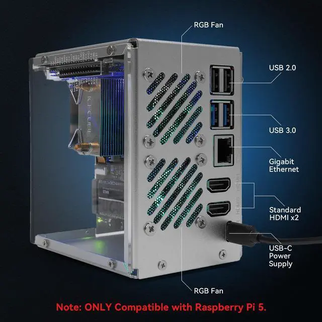 Alt view image 3 of 5 - Pironman 5 NVMe M.2 SSD PCIe Mini PC Case for Raspberry Pi 5 Hailo-8L AI Accelerator with Tower Cooler+Dual RGB Fans, 0.96'' OLED Module, Safe Shutdown, Standard HDMI, RGB Effect, Stylish Design