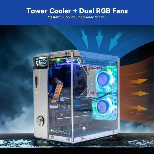 Alt view image 4 of 5 - Pironman 5 NVMe M.2 SSD PCIe Mini PC Case for Raspberry Pi 5 Hailo-8L AI Accelerator with Tower Cooler+Dual RGB Fans, 0.96'' OLED Module, Safe Shutdown, Standard HDMI, RGB Effect, Stylish Design