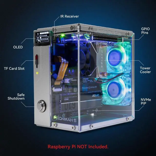 Alt view image 2 of 5 - Pironman 5 NVMe M.2 SSD PCIe Mini PC Case for Raspberry Pi 5 Hailo-8L AI Accelerator with Tower Cooler+Dual RGB Fans, 0.96'' OLED Module, Safe Shutdown, Standard HDMI, RGB Effect, Stylish Design