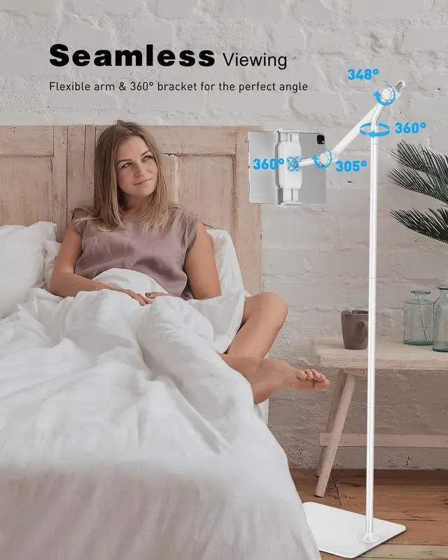 Alt view image 2 of 5 - AboveTEK Tablet Floor Stand, Stylish Adjustable iPad Floor Stand, Aluminum 360deg Rotation Tablet & Phone Holder for Sofa Bed, Compatible w/ 4.7"-13.5" iPhones, iPad Pro Air Mini 12.9, Kindles (White)