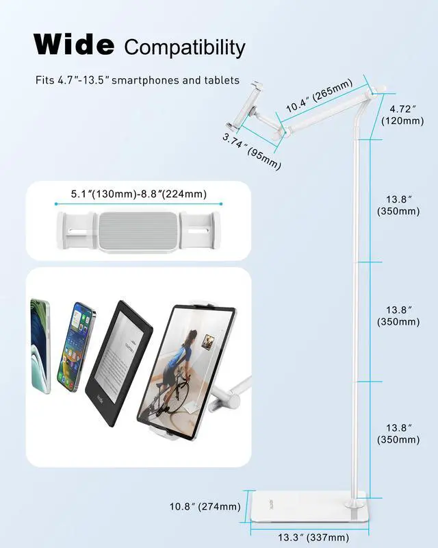 Alt view image 5 of 5 - AboveTEK Tablet Floor Stand, Stylish Adjustable iPad Floor Stand, Aluminum 360deg Rotation Tablet & Phone Holder for Sofa Bed, Compatible w/ 4.7"-13.5" iPhones, iPad Pro Air Mini 12.9, Kindles (White)