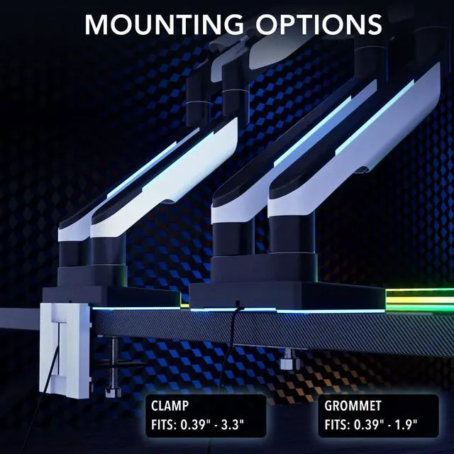 Alt view image 3 of 5 - Mount-It! Heavy Duty Dual Monitor Arm up to 35 in. 44 lbs Screens, RGB Lights, 75x75 100x100 VESA Desk Mount for 2 Widescreen Curved Monitors 27 32 34 35 inches, Gas Spring, Clamp, Grommet, RGB Lights