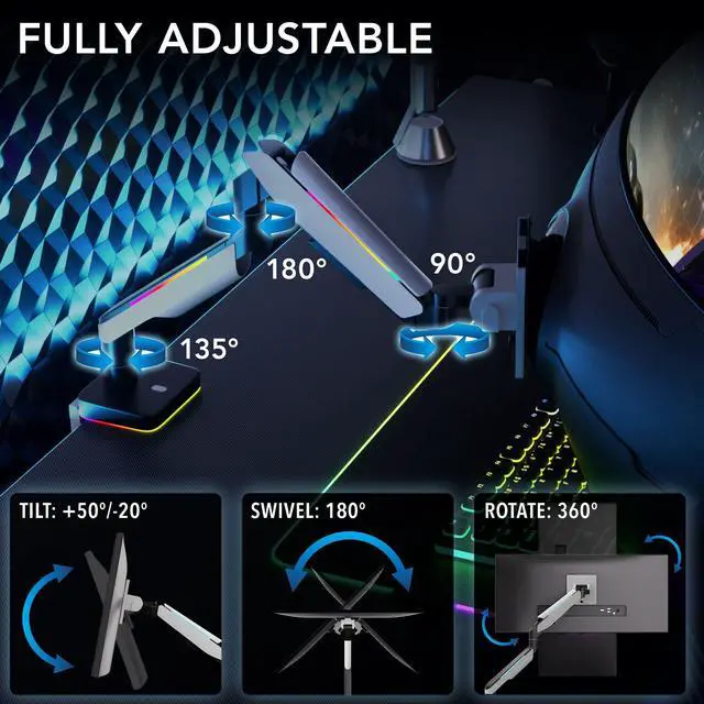 Alt view image 4 of 5 - Mount-It! Heavy Duty Dual Monitor Arm up to 35 in. 44 lbs Screens, RGB Lights, 75x75 100x100 VESA Desk Mount for 2 Widescreen Curved Monitors 27 32 34 35 inches, Gas Spring, Clamp, Grommet, RGB Lights