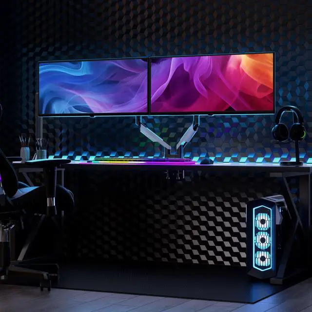 Alt view image 5 of 5 - Mount-It! Heavy Duty Dual Monitor Arm up to 35 in. 44 lbs Screens, RGB Lights, 75x75 100x100 VESA Desk Mount for 2 Widescreen Curved Monitors 27 32 34 35 inches, Gas Spring, Clamp, Grommet, RGB Lights