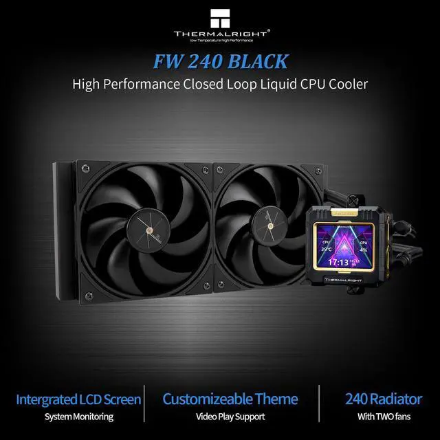 Alt view image 2 of 5 - Thermalright FW240 Black CPU AIO Cooler,PC 240 Specification Water Cooler System,IPS LCD Screen with 320*240 Resolution,for AM5&Intel LGA1700/1851,High Performance Pump,Comes with 2.4-inch LCD Display