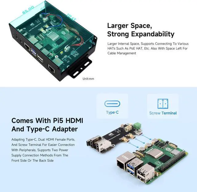 Alt view image 5 of 5 - Waveshare Multi-Functional All-in-One Mini-Computer Kit, Compatible with Raspberry Pi 5, Aluminum Alloy Case, Comes with PCIe to 4-ch USB 3.2 Gen1 Adapter