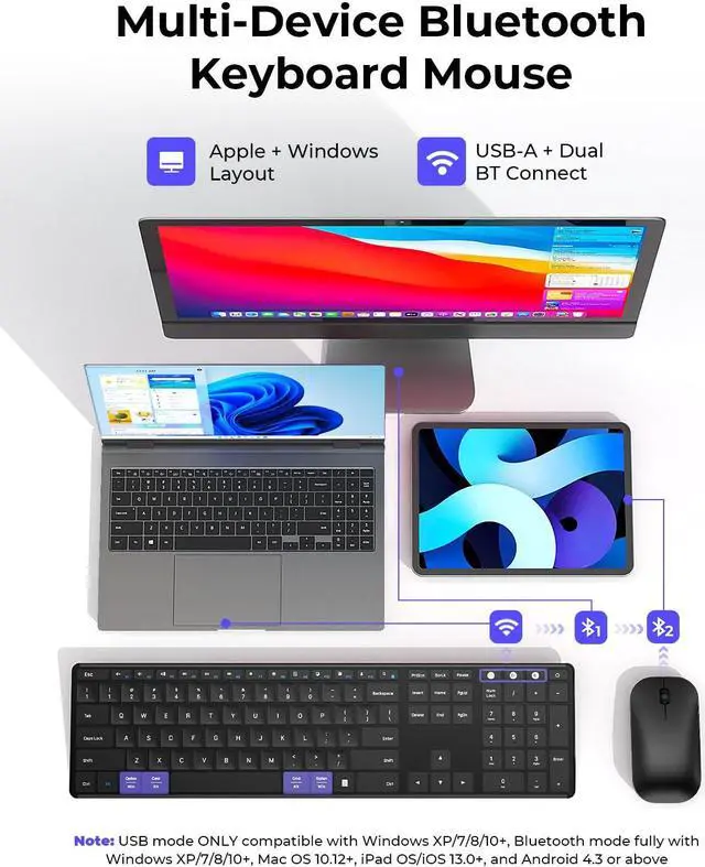 Alt view image 2 of 5 - Wireless Bluetooth Keyboard and Mouse Combo (USB + Dual BT), seenda Multi-Device Rechargeable Slim Keyboard and Mouse, Compatible for Win 7/8/10, MacBook Pro/Air, iPad, Tablet - Black