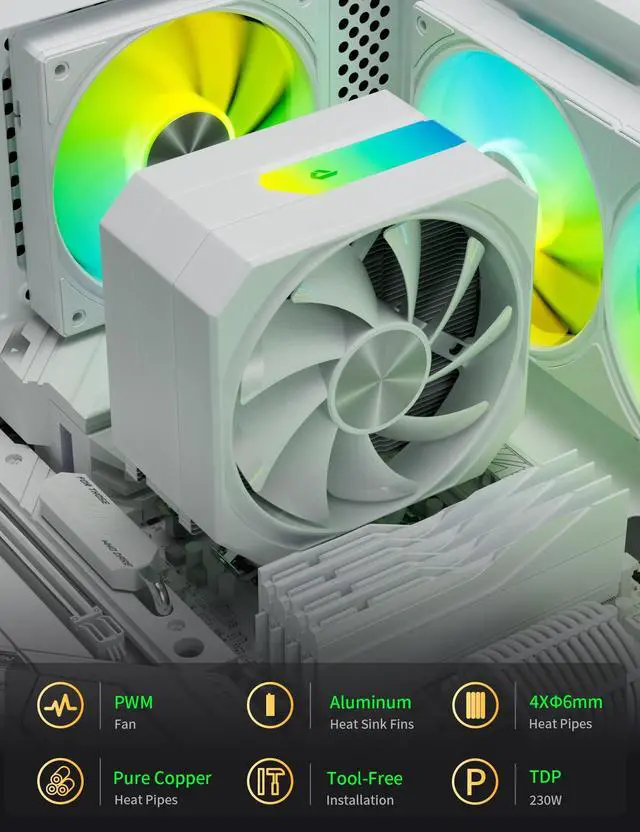Alt view image 5 of 5 - CPU Air Cooler with 4X6mm Heat Pipes,120mm Fan ARGB CPU Cooler 1650rmp,CPU Air Cooler AMD AM5/AM4/AM3 Series,CPU Air Cooler 6.1'' Height Compatible with Intel LGA 1851/1700/1851/1155/1156/2011(White)