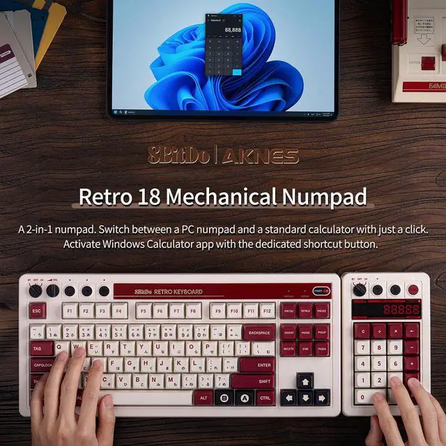 Alt view image 2 of 5 - AKNES 8Bitdo Retro 18 Mechanical 2-in-1 PC Calculating Numpad, Bluetooth/2.4G/Wired for Windows and Android - Fami Edition