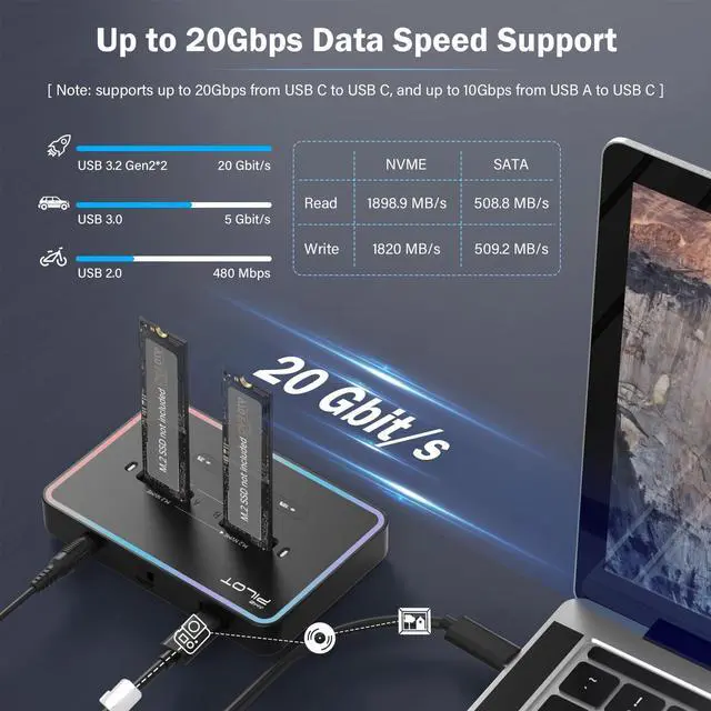 Alt view image 4 of 5 - AMZPILOT M.2 Duplicator Cloner Dual-Bay Offline USB C to NVME SATA Docking Station, M.2 NVMe & SATA SSD Docking Station, Size 22110 2280 2260 2242 2230 Enclosure - Pilot NN/SS RGB + Pilot SD03 Alloy