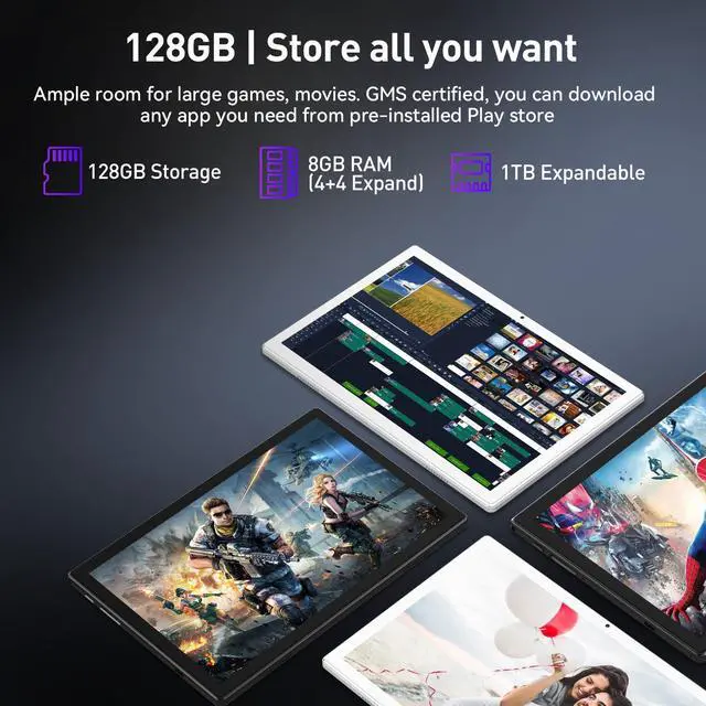 Alt view image 2 of 5 - Android 14 Tablet 10.1 inch, 128GB Storage, 8GB(4+4) RAM, Octa-Core, 5G WiFi Tablet, 7000mAh Battery, BT 5.0, GPS, 13MP+8MP Camera, GMS Certified, 1TB Expandable, Tablet with Keyboard/Mouse/Case Kit