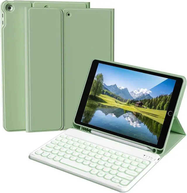 Main image of Aoub Keyboard Case for iPad 9th/8th/7th Generation 10.2 inch, 7 Colors Backlit, Stand Folio Detachable Wireless Bluetooth Keyboard Cover Soft TPU Back Case for iPad 10.2 2021/2020/2019 - Light Green