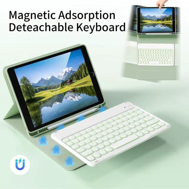 Alt view image 4 of 5 - Aoub Keyboard Case for iPad 9th/8th/7th Generation 10.2 inch, 7 Colors Backlit, Stand Folio Detachable Wireless Bluetooth Keyboard Cover Soft TPU Back Case for iPad 10.2 2021/2020/2019 - Light Green