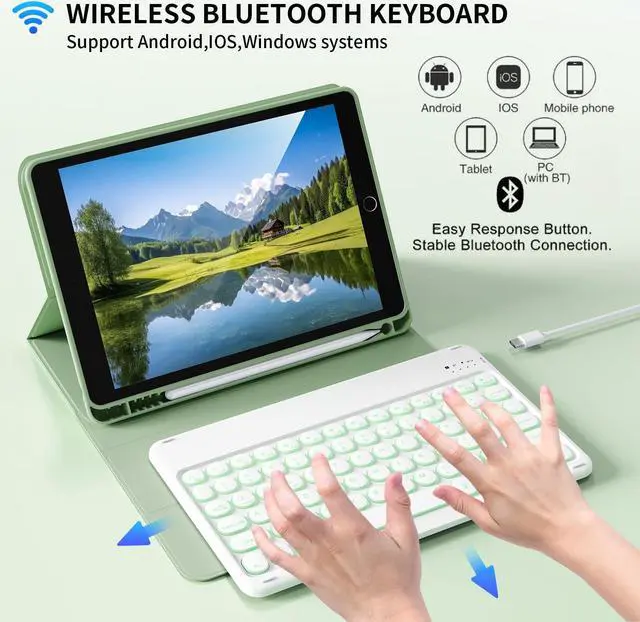 Alt view image 5 of 5 - Aoub Keyboard Case for iPad 9th/8th/7th Generation 10.2 inch, 7 Colors Backlit, Stand Folio Detachable Wireless Bluetooth Keyboard Cover Soft TPU Back Case for iPad 10.2 2021/2020/2019 - Light Green