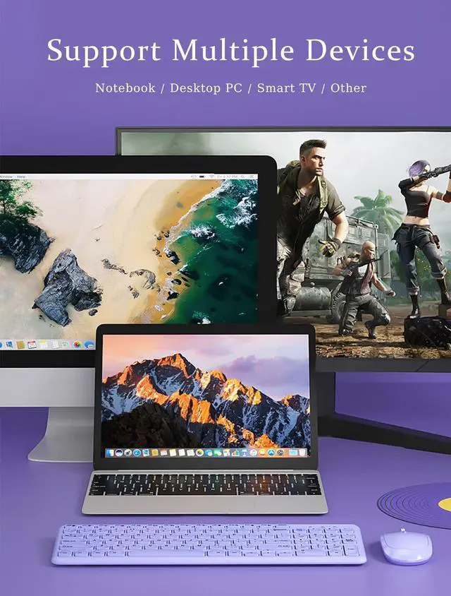 Alt view image 2 of 5 - Wireless Ergonomic Keyboard and Mouse Combo, Sweet Mixed Color Cute Keyboard, 2.4G USB, Compatible with Computer, Laptop, PC Desktops, mac (Purple)