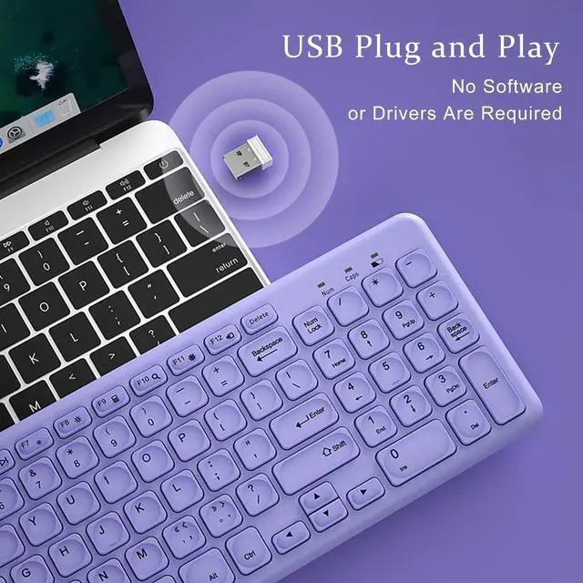 Alt view image 3 of 5 - Wireless Ergonomic Keyboard and Mouse Combo, Sweet Mixed Color Cute Keyboard, 2.4G USB, Compatible with Computer, Laptop, PC Desktops, mac (Purple)