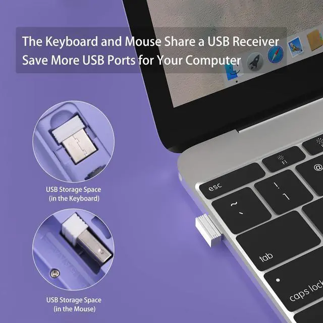 Alt view image 4 of 5 - Wireless Ergonomic Keyboard and Mouse Combo, Sweet Mixed Color Cute Keyboard, 2.4G USB, Compatible with Computer, Laptop, PC Desktops, mac (Purple)