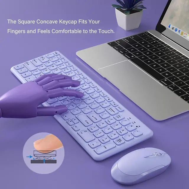 Alt view image 5 of 5 - Wireless Ergonomic Keyboard and Mouse Combo, Sweet Mixed Color Cute Keyboard, 2.4G USB, Compatible with Computer, Laptop, PC Desktops, mac (Purple)