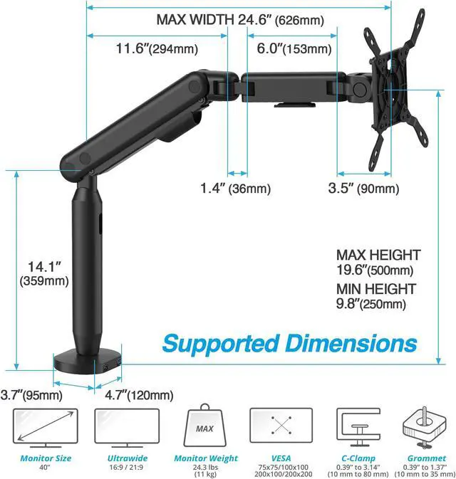 Alt view image 3 of 5 - AVLT Single 17"-40" Ultrawide Easel Monitor Arm for Screens Up to 24.3 lbs, Premium Aluminum Designer Stand, Adjustable Pneumatic Height, Full Motion Swivel Tilt Rotation, USB-C USB-A Ports, Black