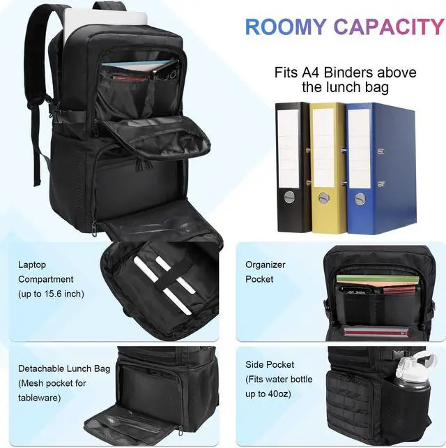 Alt view image 3 of 5 - BERTASCHE Lunch Backpack, Laptop Backpack 17 inch for Work w/Insulated Cooler Lunch box for Men Women, Casual Daypack for Travel Commuter Picnic College,Black