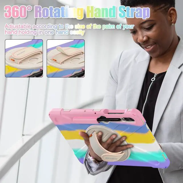 Alt view image 4 of 5 - BRAECNstock Kids Case for Samsung Galaxy Tab S10+ Plus/ S9 FE+ Plus/ S9+ Plus/ S8+ Plus/ S7 FE/ S7+ Plus 5G 12.4" Shockproof Protective Cover with Pen Holder Rotating Stand&Hand Strap - Colorful Pink