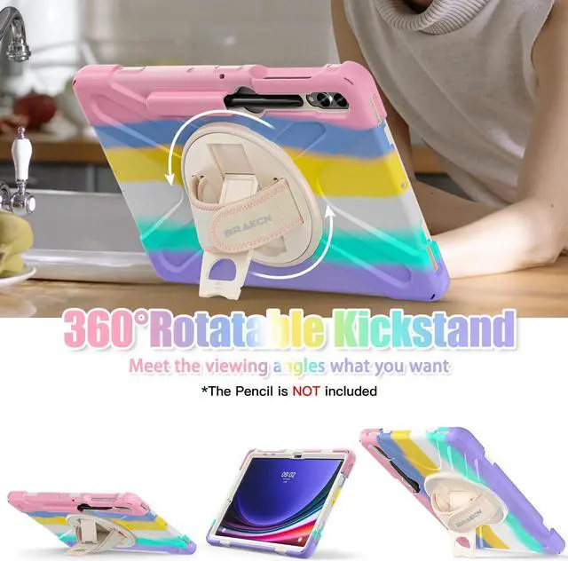 Alt view image 5 of 5 - BRAECNstock Kids Case for Samsung Galaxy Tab S10+ Plus/ S9 FE+ Plus/ S9+ Plus/ S8+ Plus/ S7 FE/ S7+ Plus 5G 12.4" Shockproof Protective Cover with Pen Holder Rotating Stand&Hand Strap - Colorful Pink