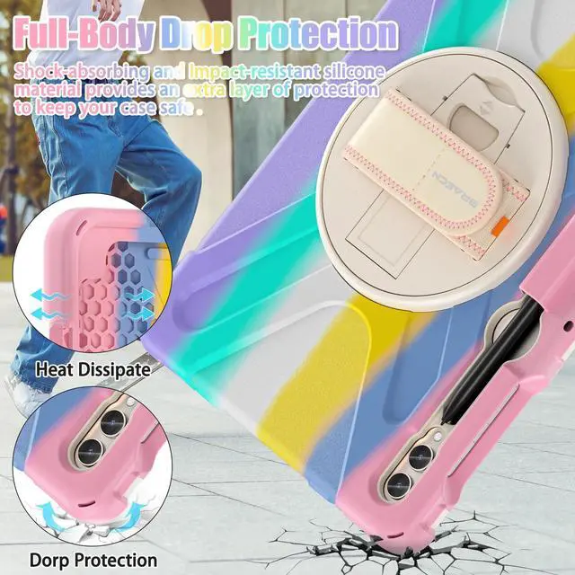 Alt view image 3 of 5 - BRAECNstock Kids Case for Samsung Galaxy Tab S10+ Plus/ S9 FE+ Plus/ S9+ Plus/ S8+ Plus/ S7 FE/ S7+ Plus 5G 12.4" Shockproof Protective Cover with Pen Holder Rotating Stand&Hand Strap - Colorful Pink