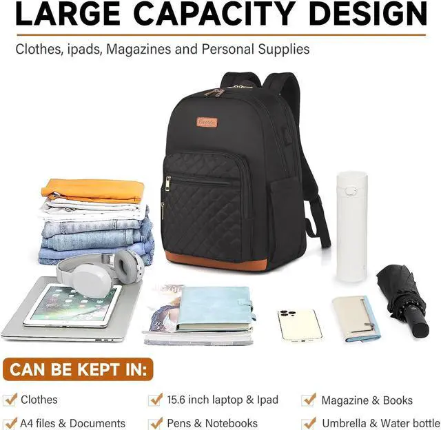 Alt view image 4 of 5 - Laptop Backpack for Women, Fits 15.6 inch Travel Backpack with USB Charging Port, Stylish Quilted Work Business Computer Bag