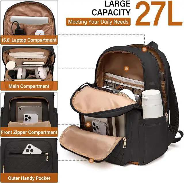 Alt view image 5 of 5 - Laptop Backpack for Women, Fits 15.6 inch Travel Backpack with USB Charging Port, Stylish Quilted Work Business Computer Bag