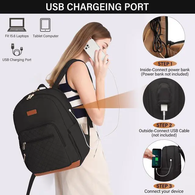 Alt view image 3 of 5 - Laptop Backpack for Women, Fits 15.6 inch Travel Backpack with USB Charging Port, Stylish Quilted Work Business Computer Bag