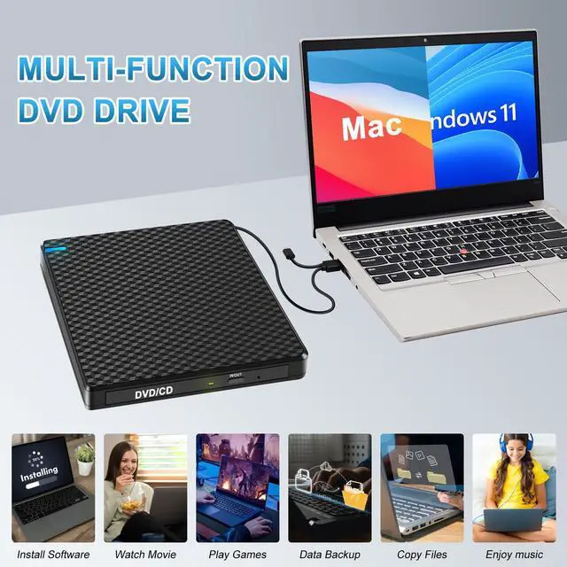 Alt view image 2 of 5 - Guamar External DVD Drive for PC: USB-C Slim Portable CD Burner for Laptop Mac Windows 11 with SD/TF Slot/2 USB Ports Fast Data Transfer - Plug & Play
