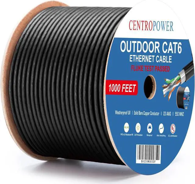 Main image of Outdoor Cat 6 Ethernet Cable 1000 ft - Direct Burial Waterproof UV Resistant, UL Listed, 23AWG Solid Bare Copper, 550MHz PoE++, Unshielded UTP LAN Internet Cable, Reel-Mounted - 4PPoE Compatible