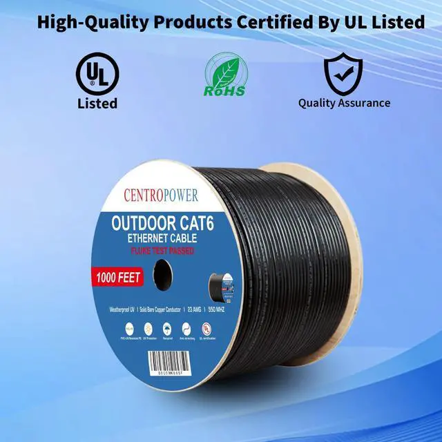 Alt view image 4 of 5 - Outdoor Cat 6 Ethernet Cable 1000 ft - Direct Burial Waterproof UV Resistant, UL Listed, 23AWG Solid Bare Copper, 550MHz PoE++, Unshielded UTP LAN Internet Cable, Reel-Mounted - 4PPoE Compatible