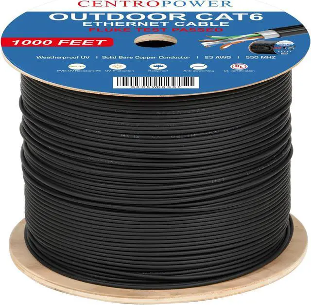 Alt view image 5 of 5 - Outdoor Cat 6 Ethernet Cable 1000 ft - Direct Burial Waterproof UV Resistant, UL Listed, 23AWG Solid Bare Copper, 550MHz PoE++, Unshielded UTP LAN Internet Cable, Reel-Mounted - 4PPoE Compatible