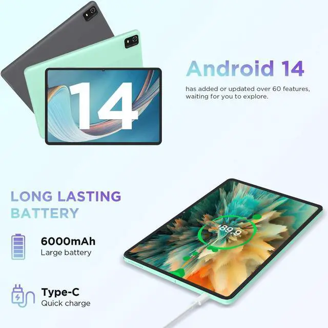 Alt view image 2 of 5 - CWOWDEFU 10 Inch Android 14 Tablet, 12GB+128GB, Expand 1TB, Widevine L1 Compatible Octa-Core With WiFi 6, 6000mAh, Dual 8MP+5MP Camera, Face ID/Reading/Gaming (Green)