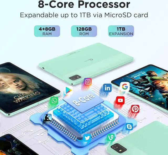 Alt view image 3 of 5 - CWOWDEFU 10 Inch Android 14 Tablet, 12GB+128GB, Expand 1TB, Widevine L1 Compatible Octa-Core With WiFi 6, 6000mAh, Dual 8MP+5MP Camera, Face ID/Reading/Gaming (Green)