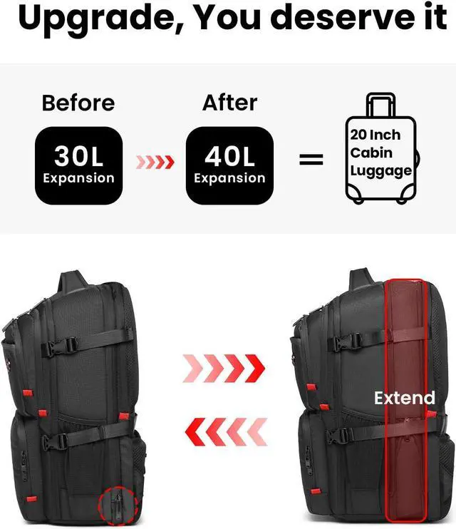 Alt view image 4 of 5 - CROSSGEAR 17.3 Large Laptop Backpack for Men Women 40l Travel Backpack Water Resistant Carry On Flight Anti-theft Computer Bag Expandable Rucksack Ergonomic Straps,Black