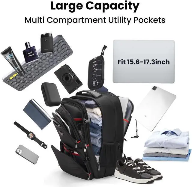Alt view image 3 of 5 - CROSSGEAR 17.3 Large Laptop Backpack for Men Women 40l Travel Backpack Water Resistant Carry On Flight Anti-theft Computer Bag Expandable Rucksack Ergonomic Straps,Black