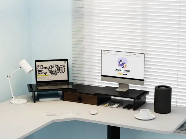 Alt view image 4 of 5 - ErgoFocus Dual Monitor Stand Riser with Drawer-Adjustable Length and Angle, Monitor Stand Riser for 2 Monitors, Desktop Organizer Stand for Computer/Laptop/PC/Printer (Black)