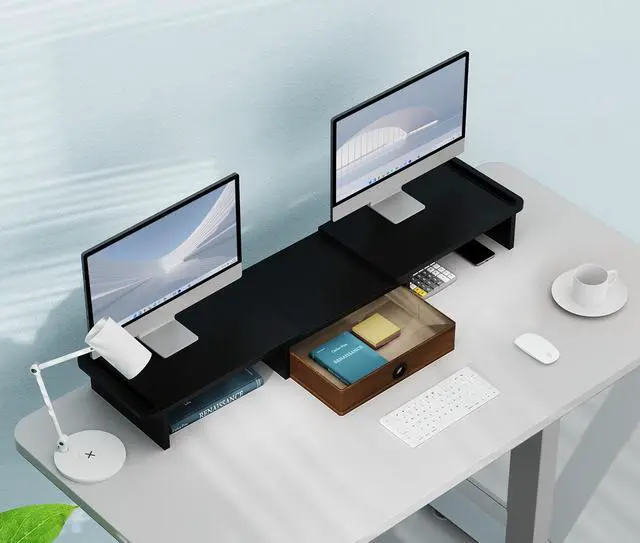 Alt view image 5 of 5 - ErgoFocus Dual Monitor Stand Riser with Drawer-Adjustable Length and Angle, Monitor Stand Riser for 2 Monitors, Desktop Organizer Stand for Computer/Laptop/PC/Printer (Black)